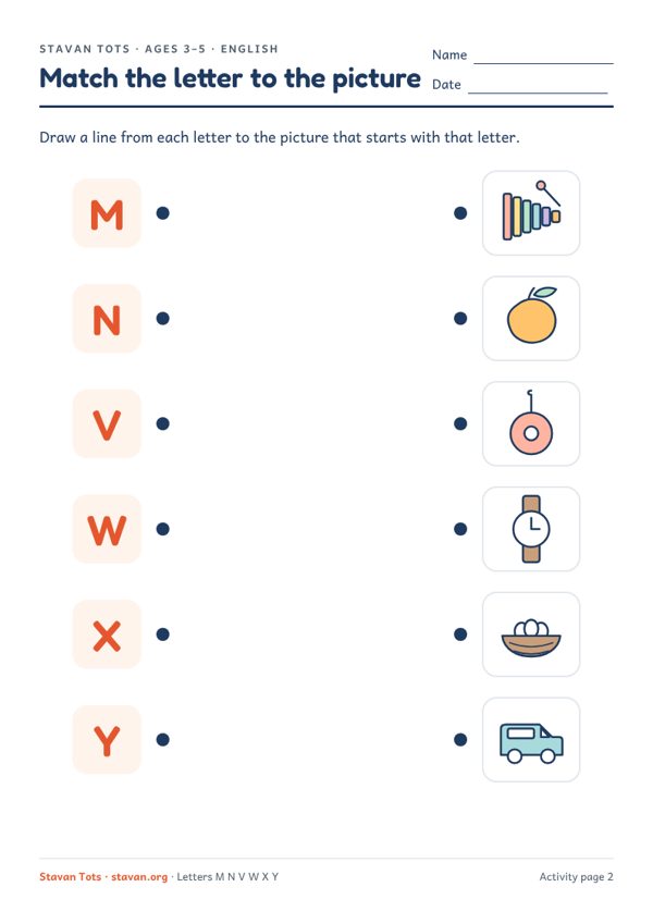 Preview of the Match the letter to the picture (M–Y) worksheet